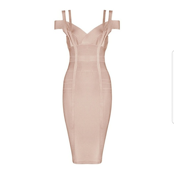 Last Small•Cold Shoulder Midi Bandage Dress Nude - Picture 3 of 6